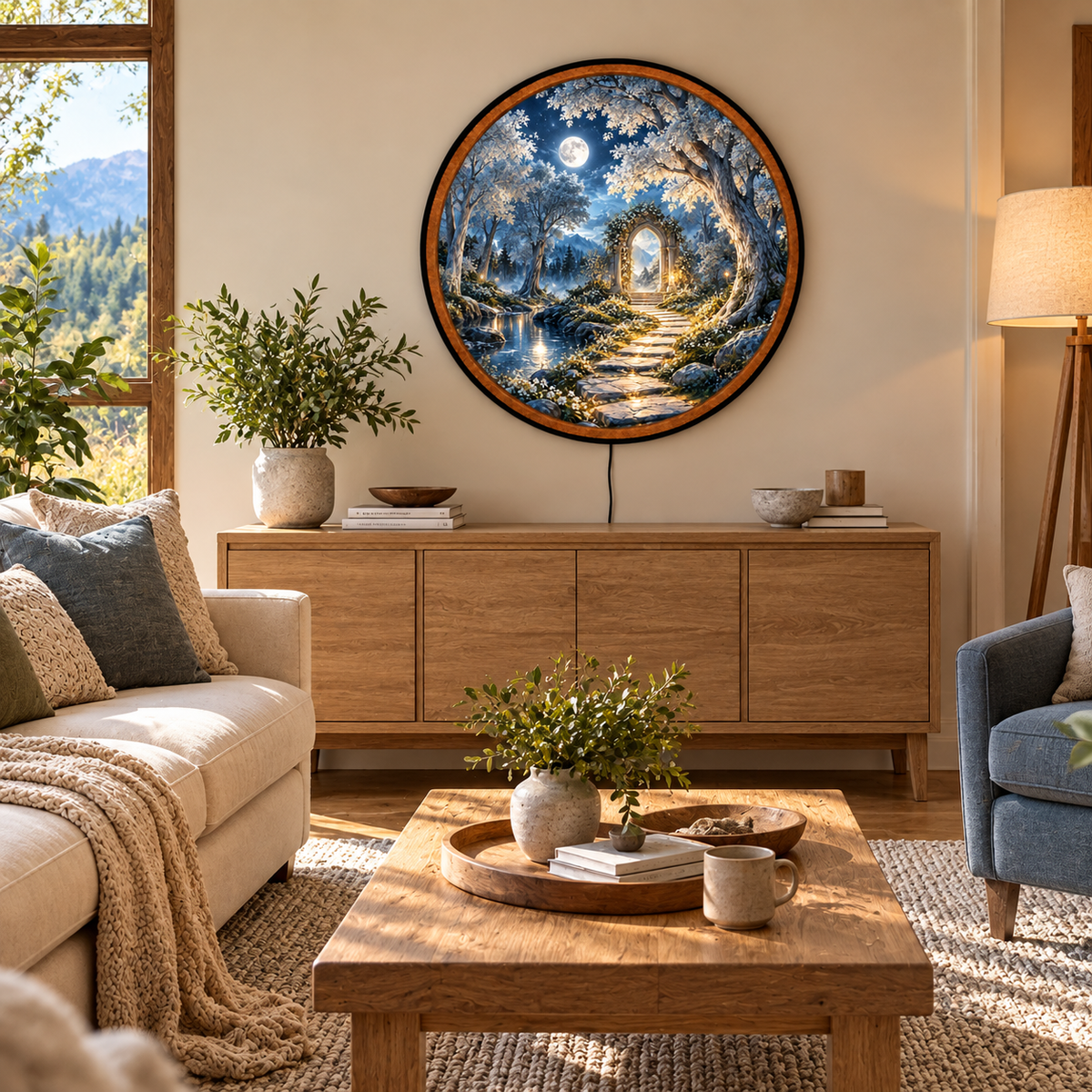 The Moonlit Gate – Handcrafted Round LED Wall Art