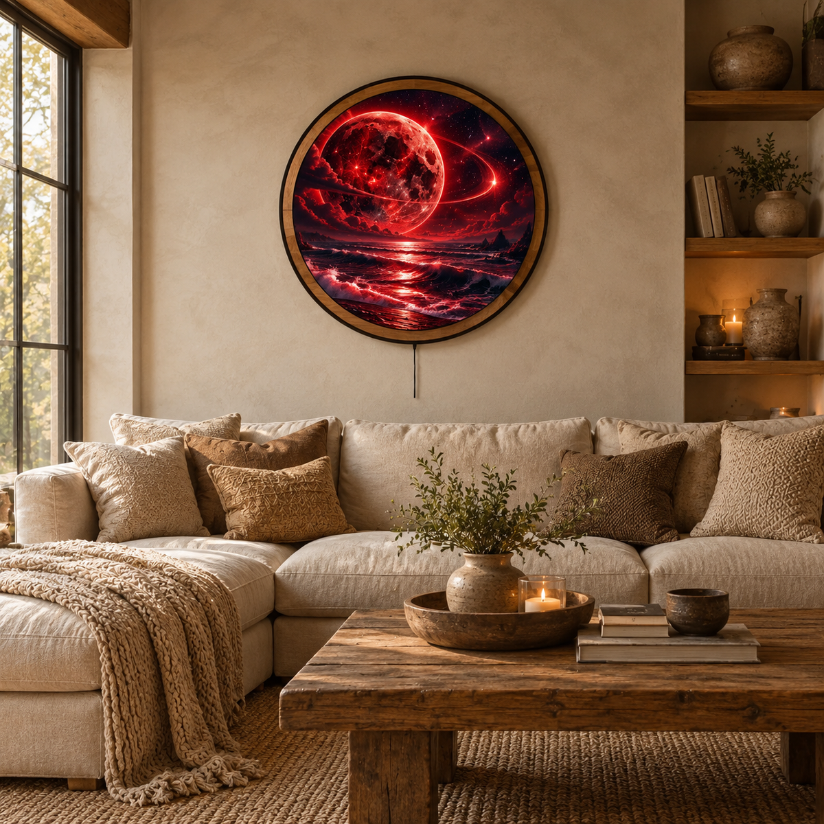 Handcrafted Crimson Eclipse Cosmic Ocean LED Wall Art