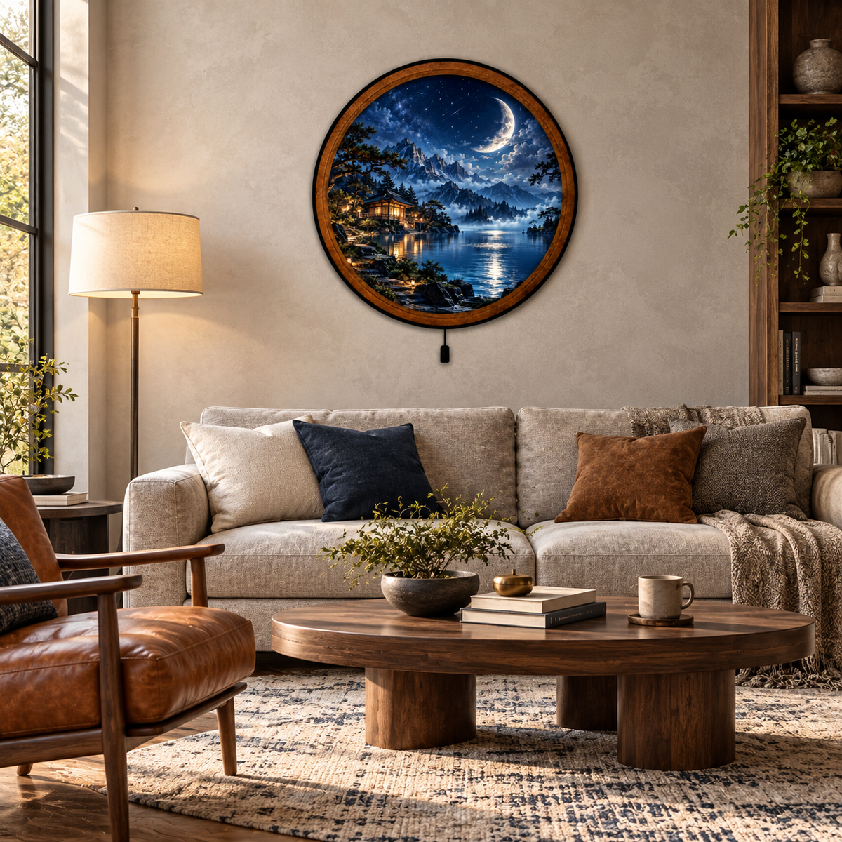Handcrafted Moonlit Mountain LED Wall Art – Serene Lake & Japanese Pavilion