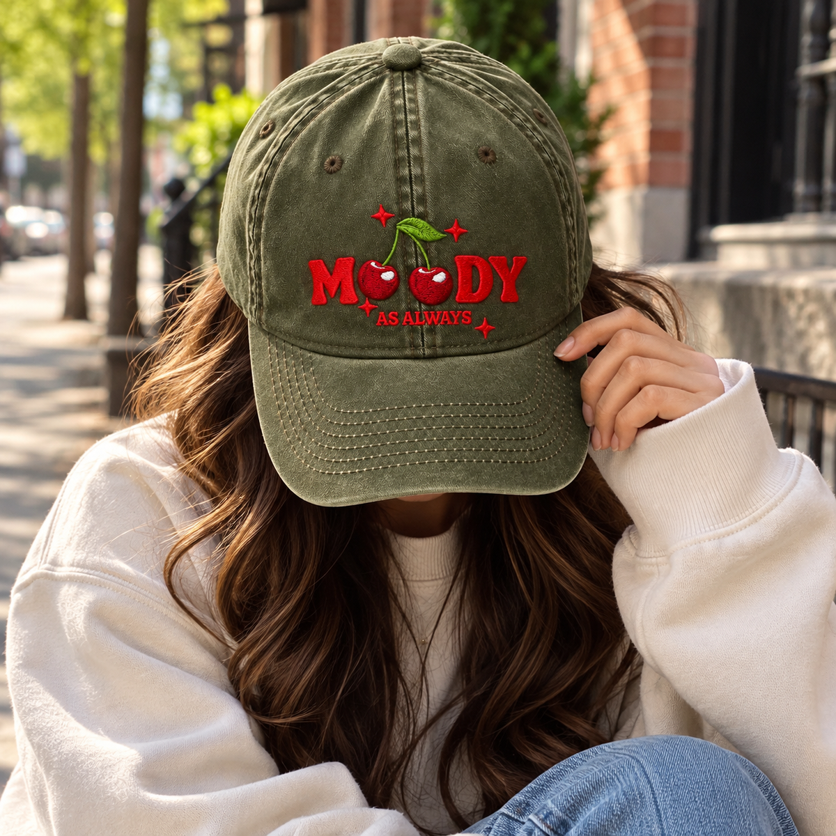 Moody Cherry Embroidered Dad Hat – Vintage Washed Baseball Cap