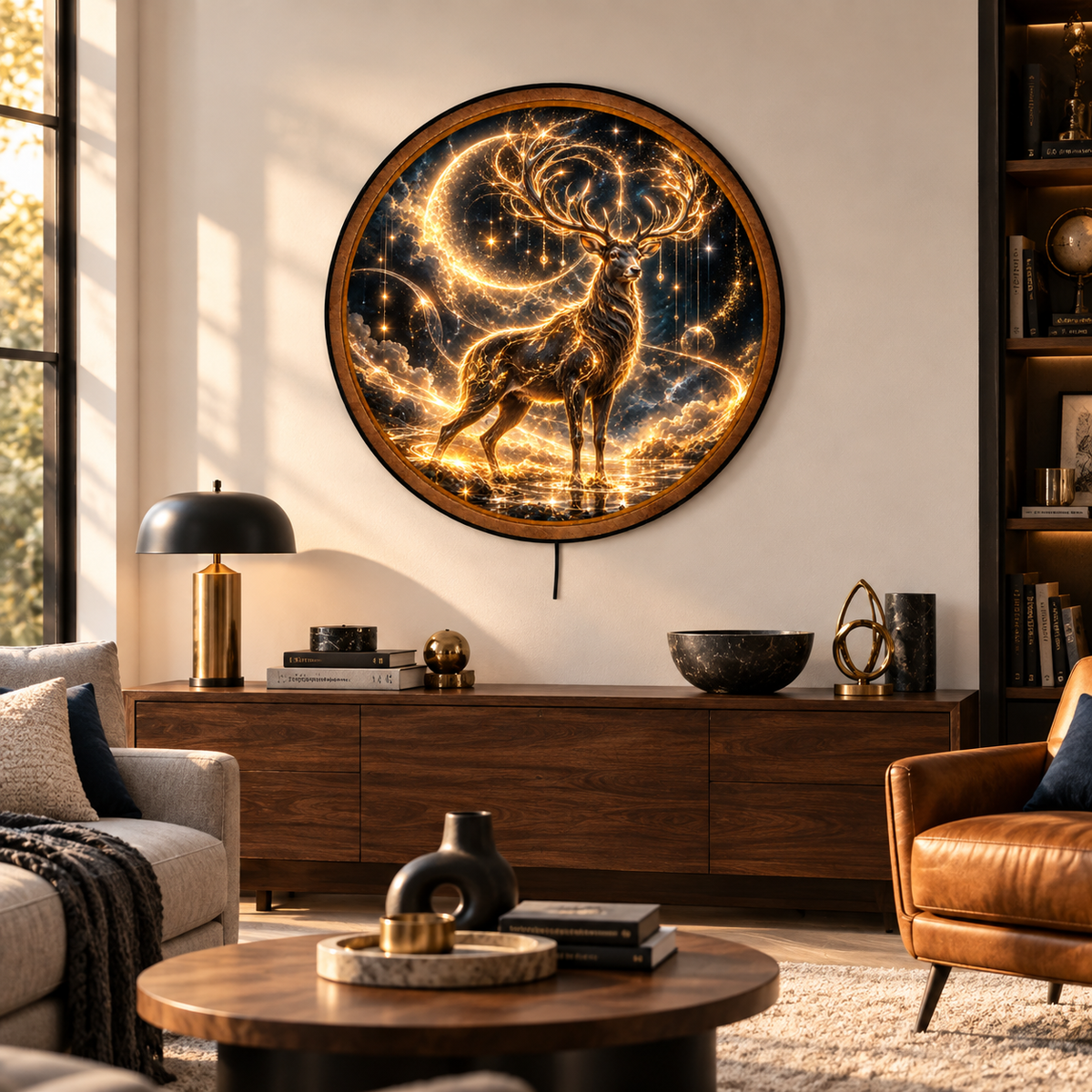 Celestial Stag Golden Moon Circular LED Wall Art