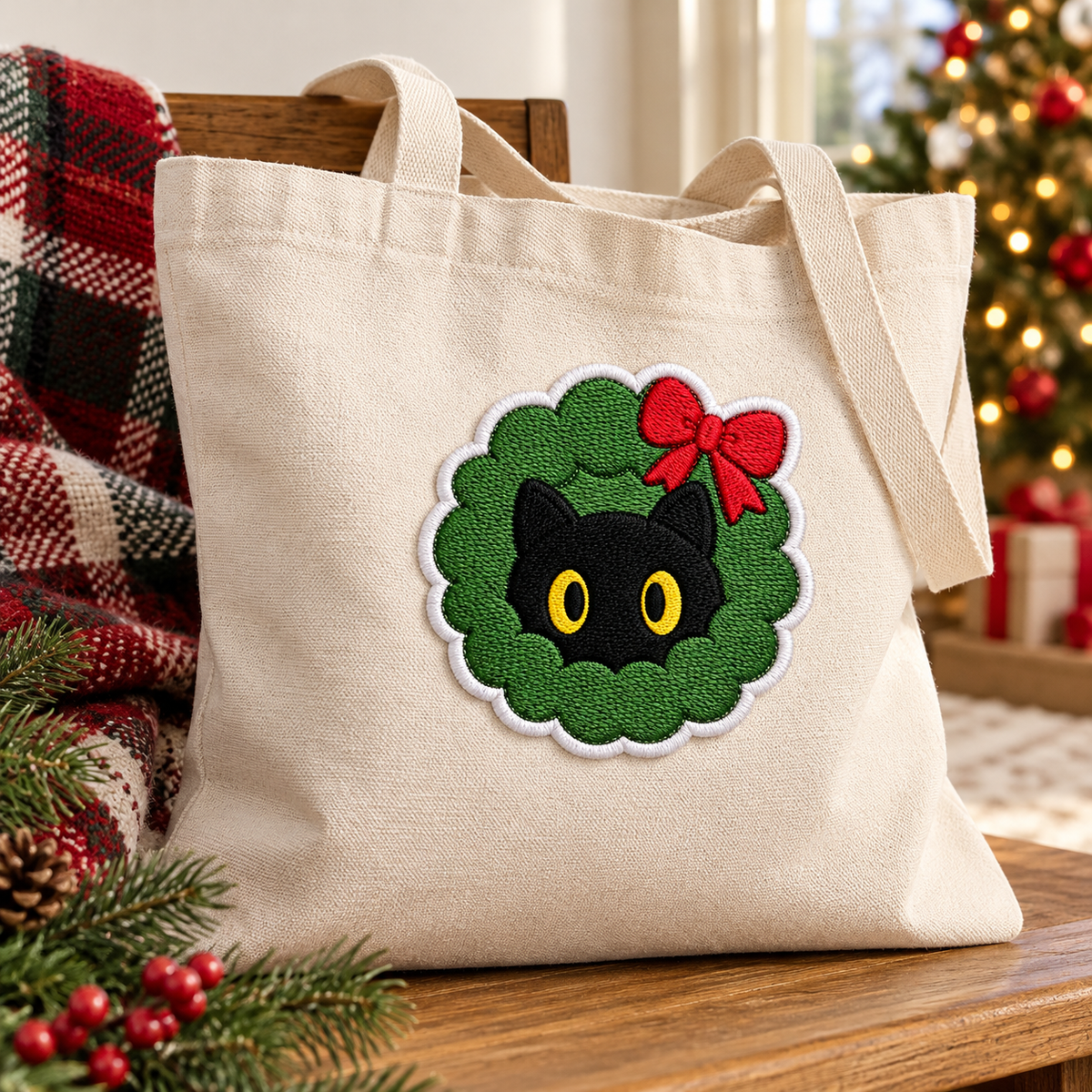 Christmas Black Cat Embroidered Iron-On Patch – Cute Cat Wreath Holiday Applique