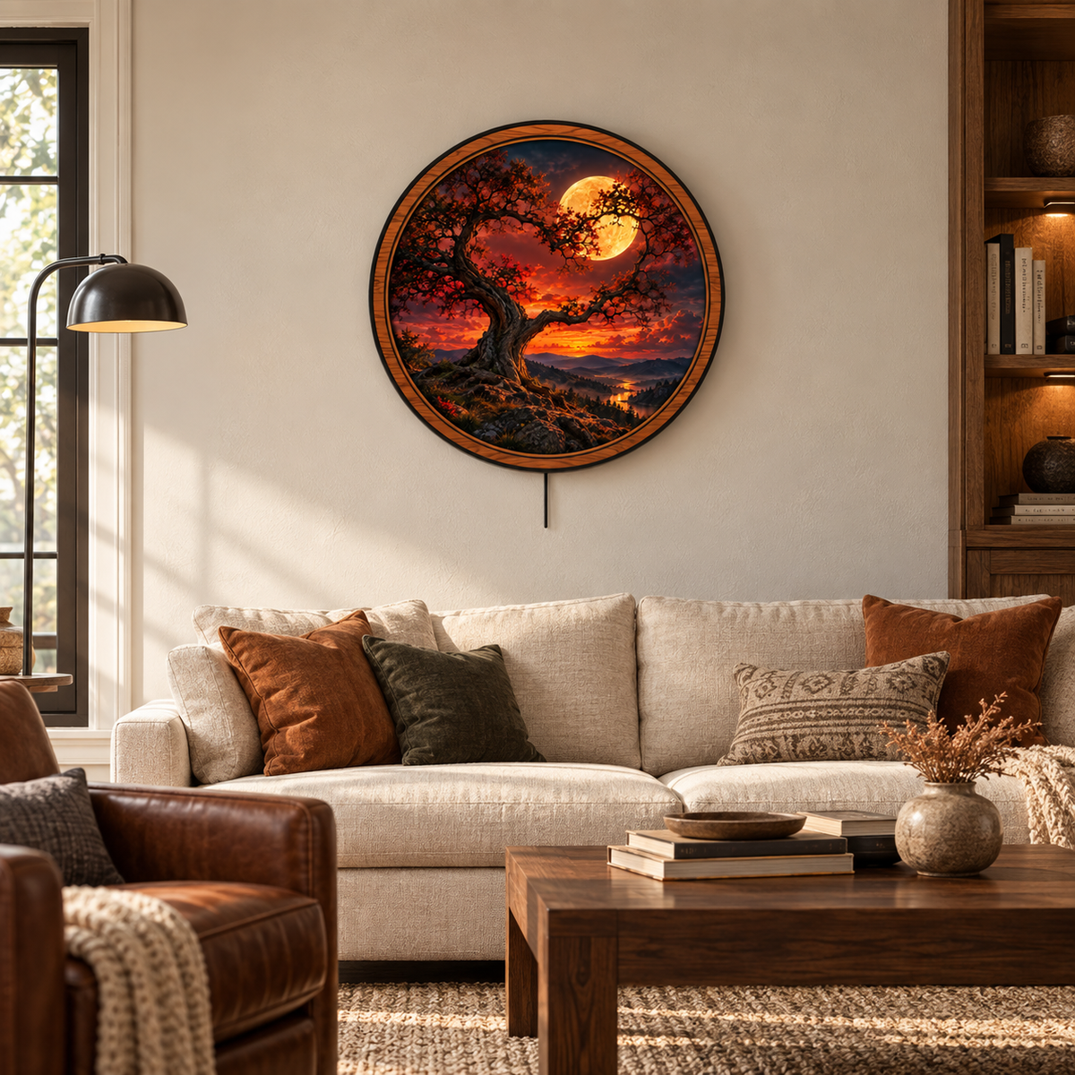 Crimson Moon Ancient Tree Circular LED Wall Art