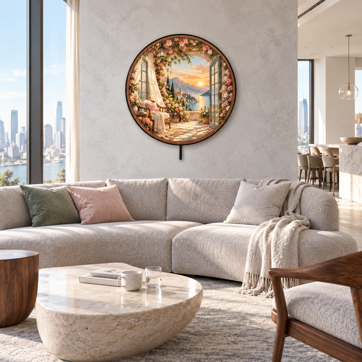 Rose Terrace Sunset – Romantic Lake View LED Wall Art