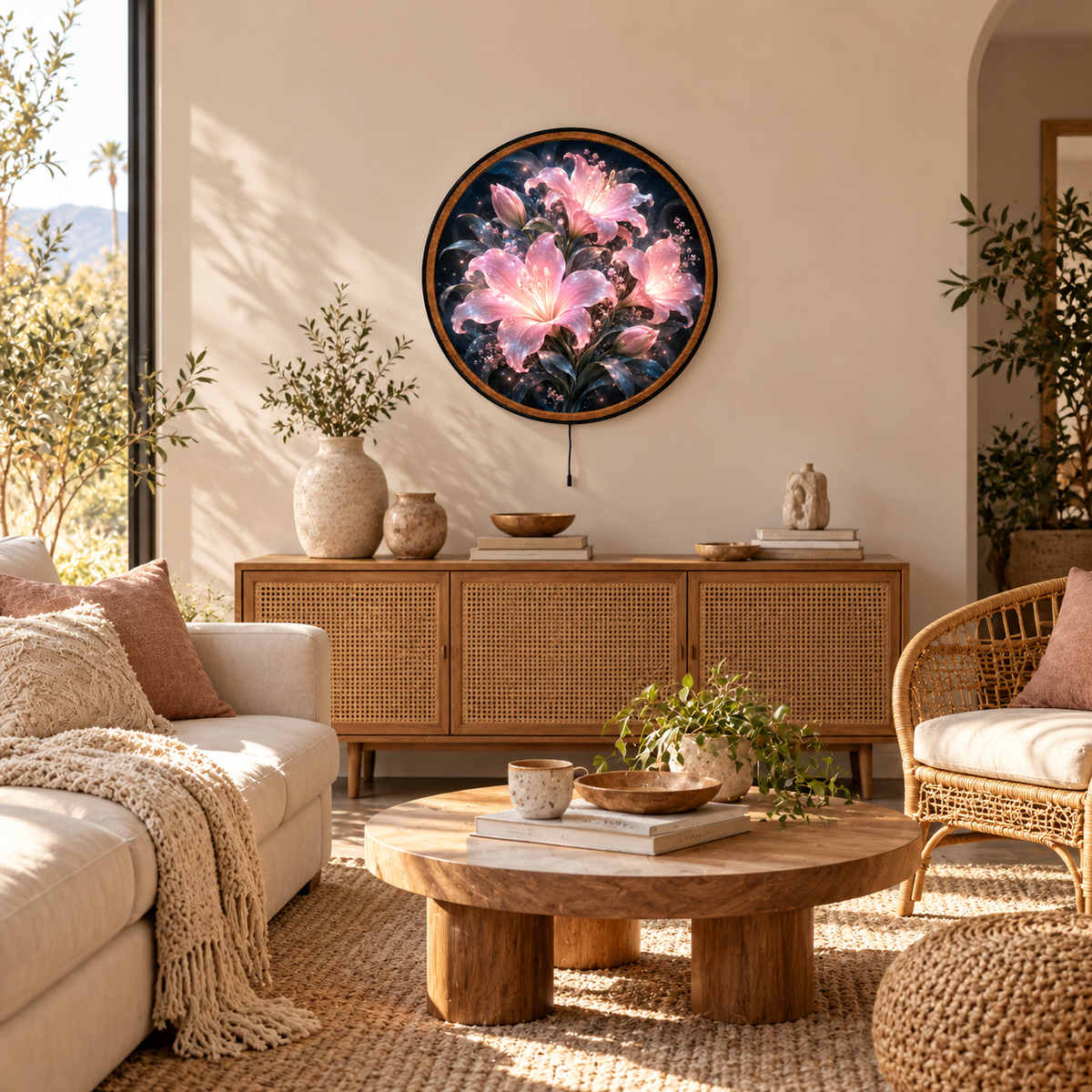 Enchanted Pink Lilies – Handcrafted Round LED Wall Art