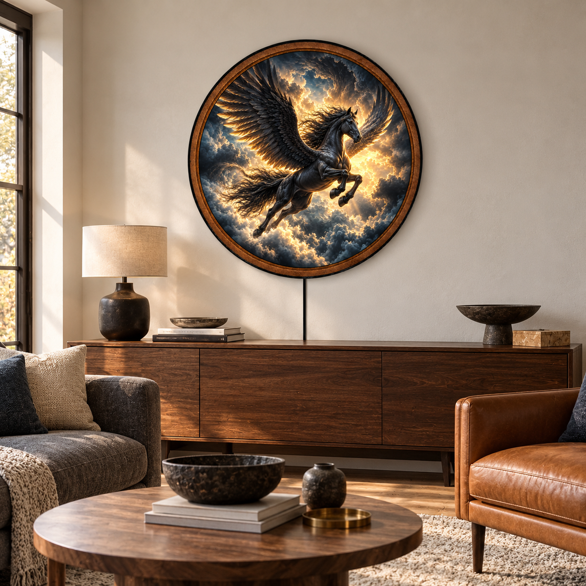 Black Pegasus Storm Clouds Circular LED Wall Art