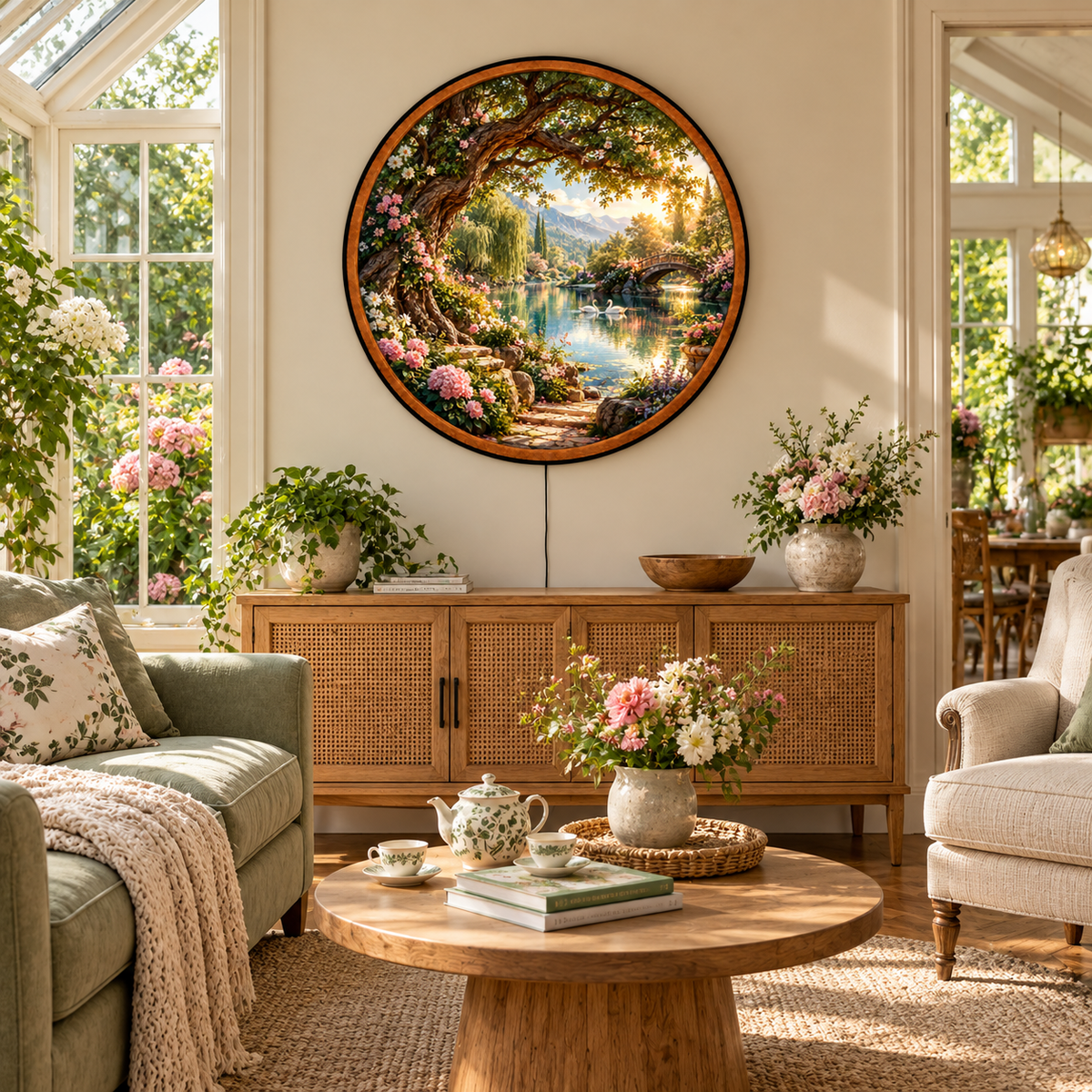 Enchanted Swan Garden – Handcrafted Round LED Wall Art