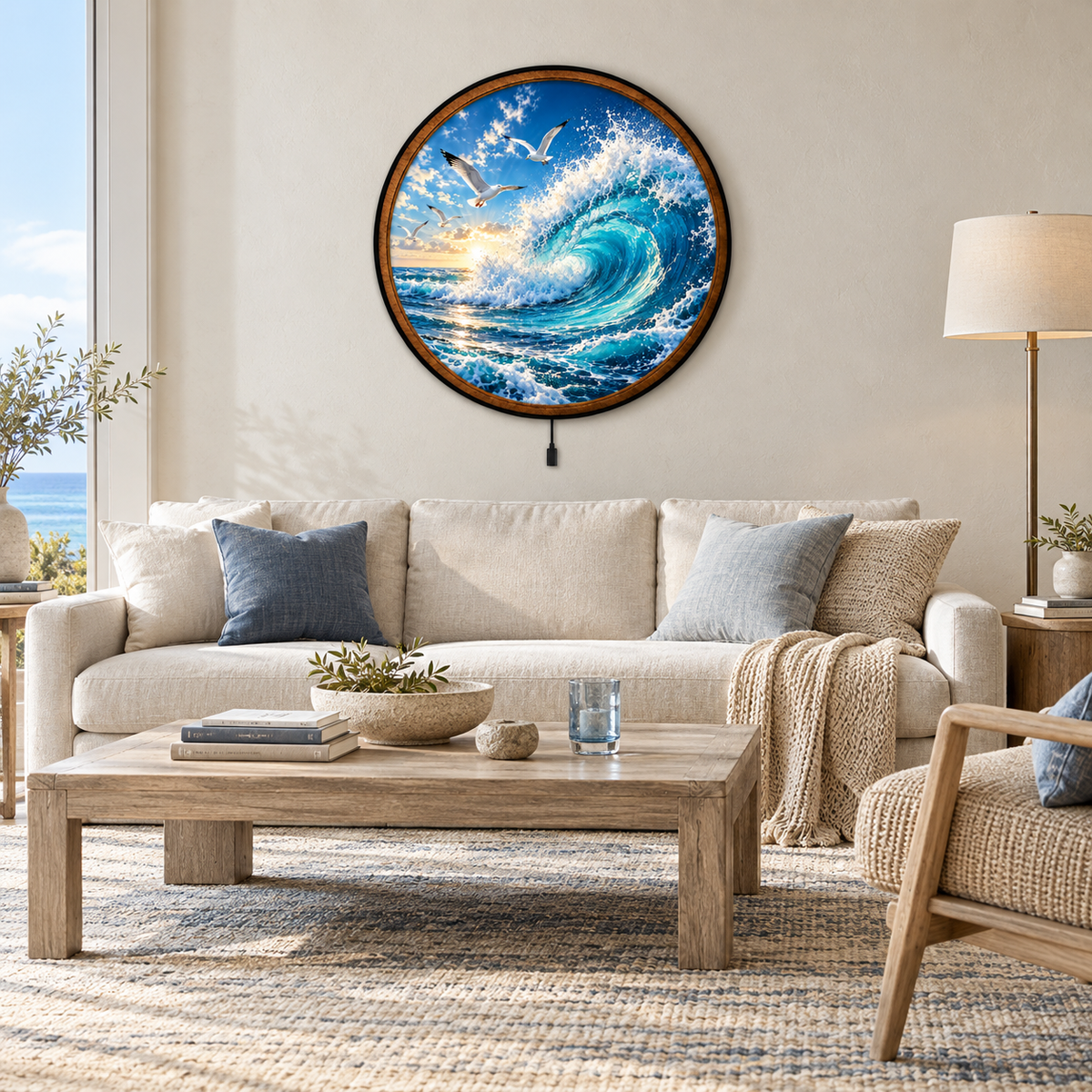 Handcrafted Ocean Wave LED Wall Art – Turquoise Seascape & Flying Seagulls