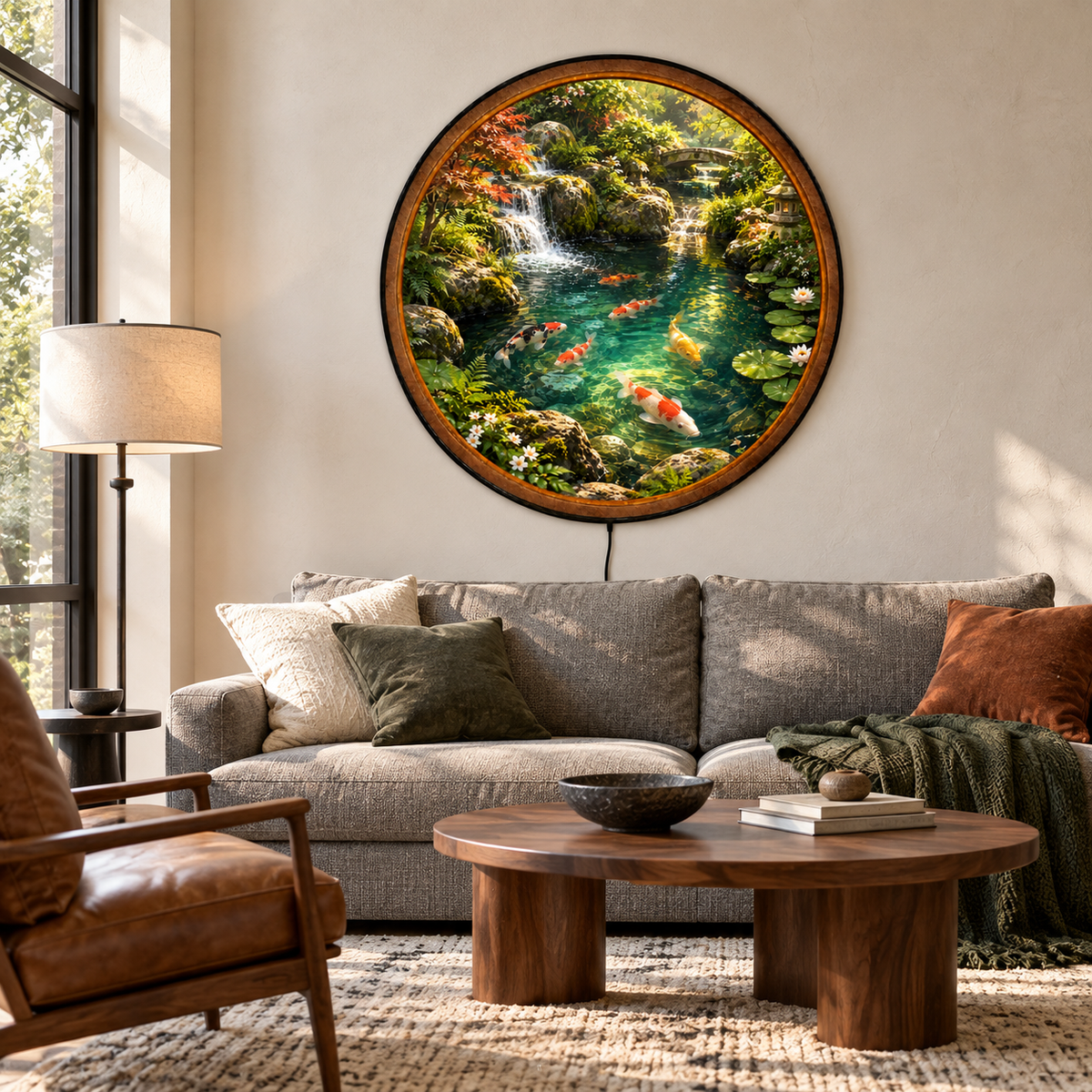 Koi Garden Waterfall Serenity Circular LED Wall Art