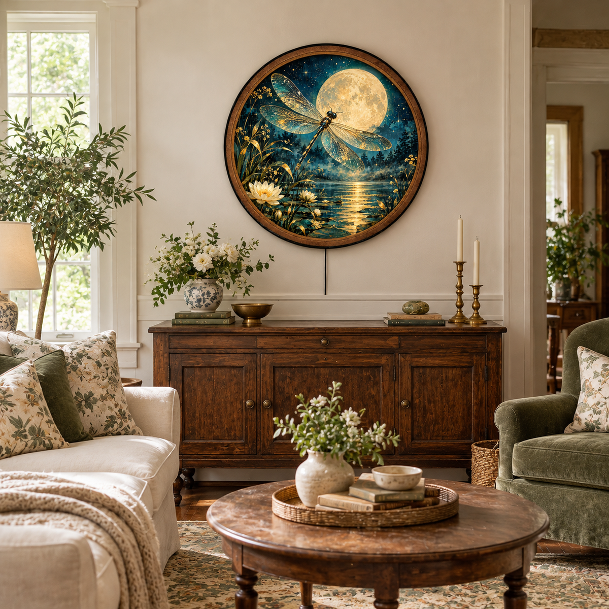 Handcrafted Dragonfly LED Wall Art – Golden Dragonfly & Moon, Mystical Lotus Pond