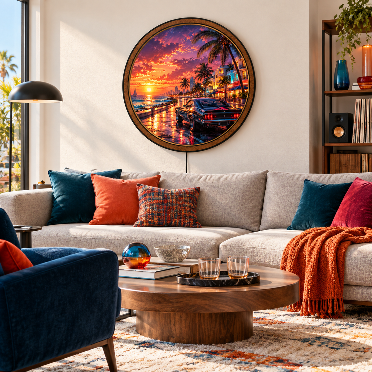 Coastal Sunset Muscle Car Circular LED Wall Art
