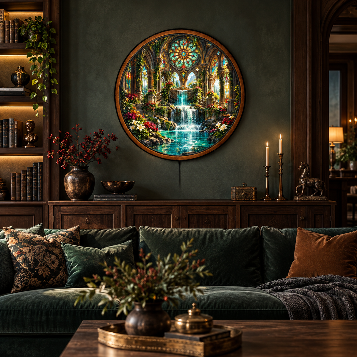 Handcrafted Enchanted Gothic Garden LED Wall Art – Stained Glass Waterfall Sanctuary