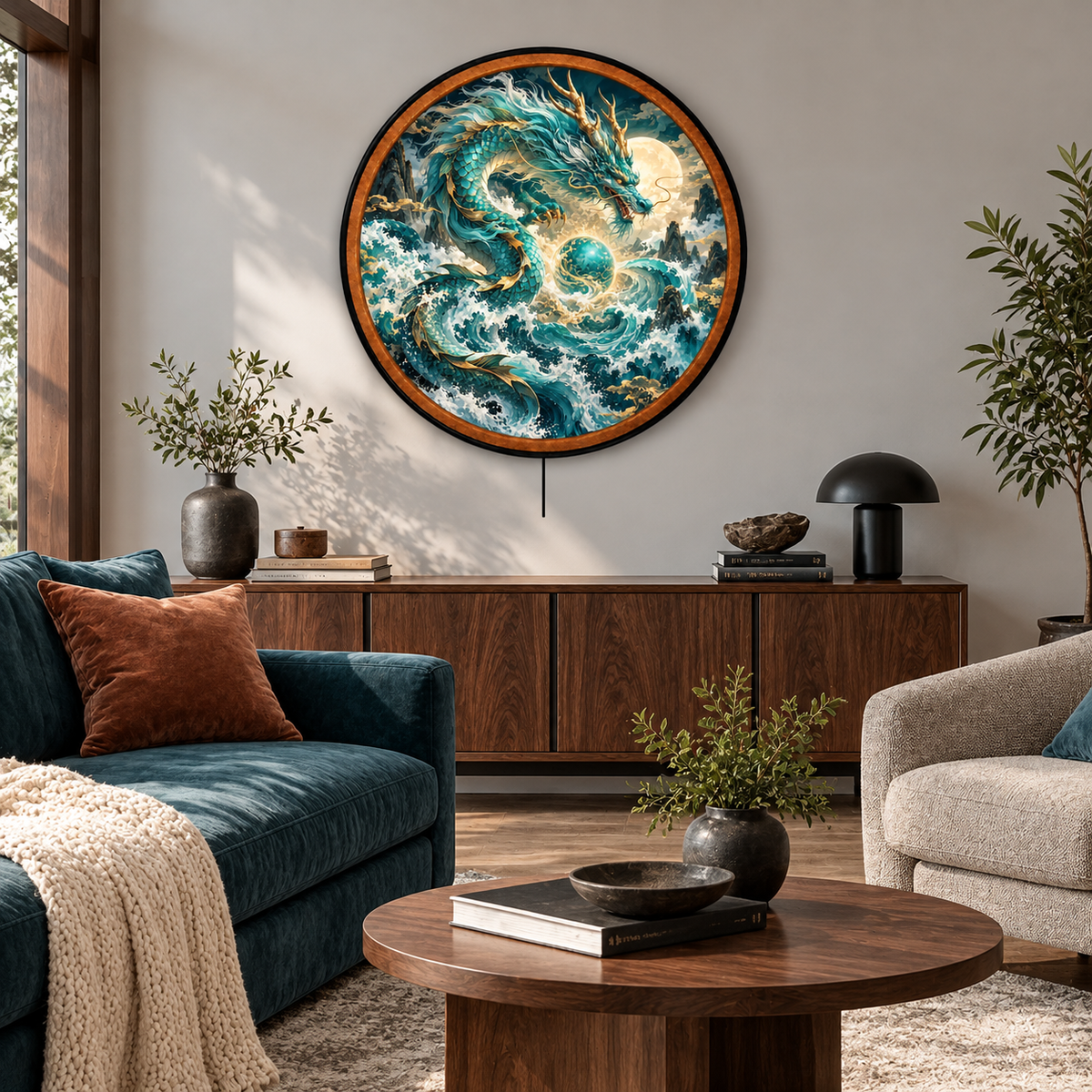 Ocean Dragon – Handcrafted Round LED Wall Art