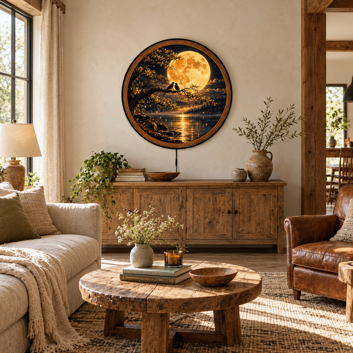 Handcrafted Golden Moon Lovebirds LED Wall Art – Romantic Birds & Full Moon