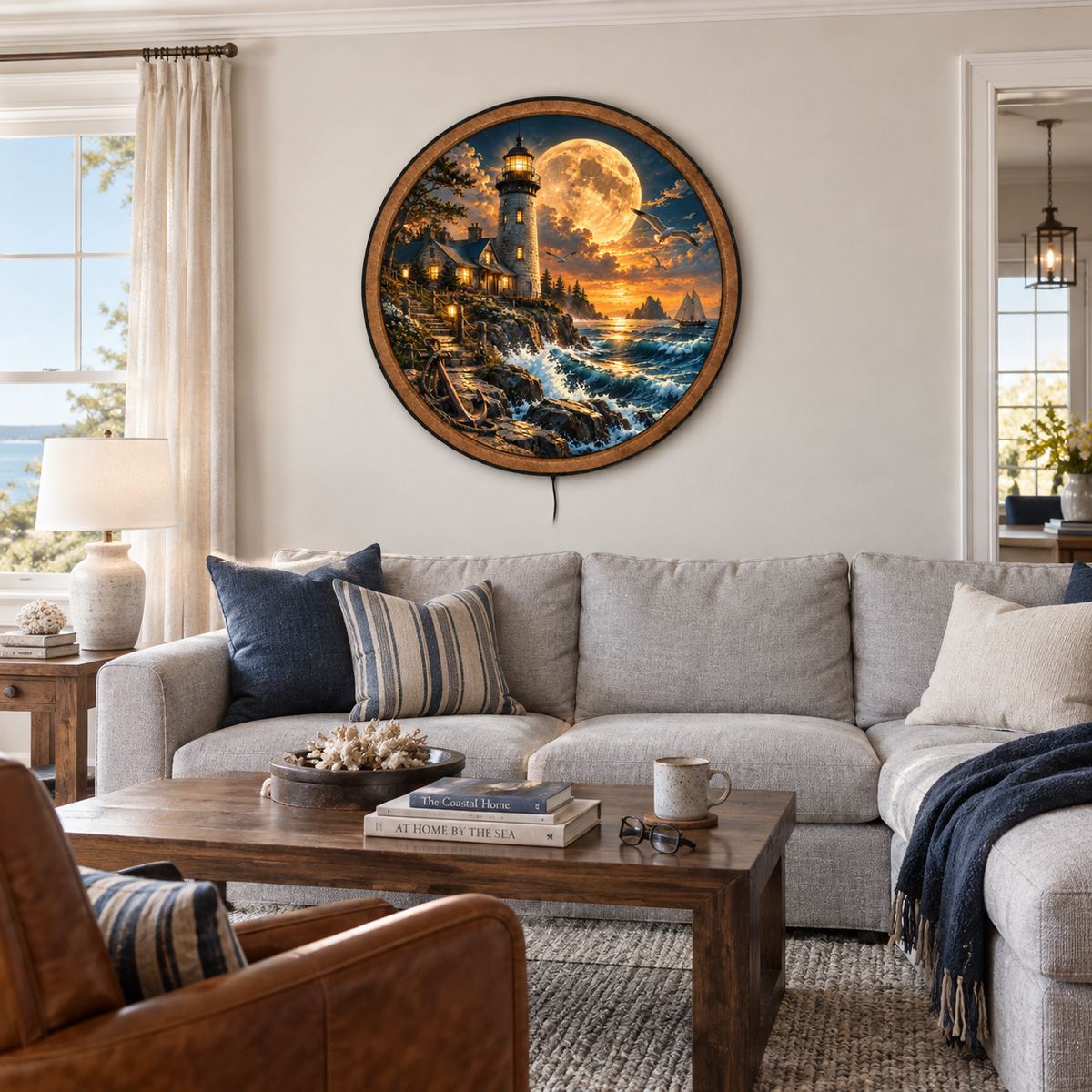 Golden Moon Lighthouse – Coastal Passage LED Wall Art