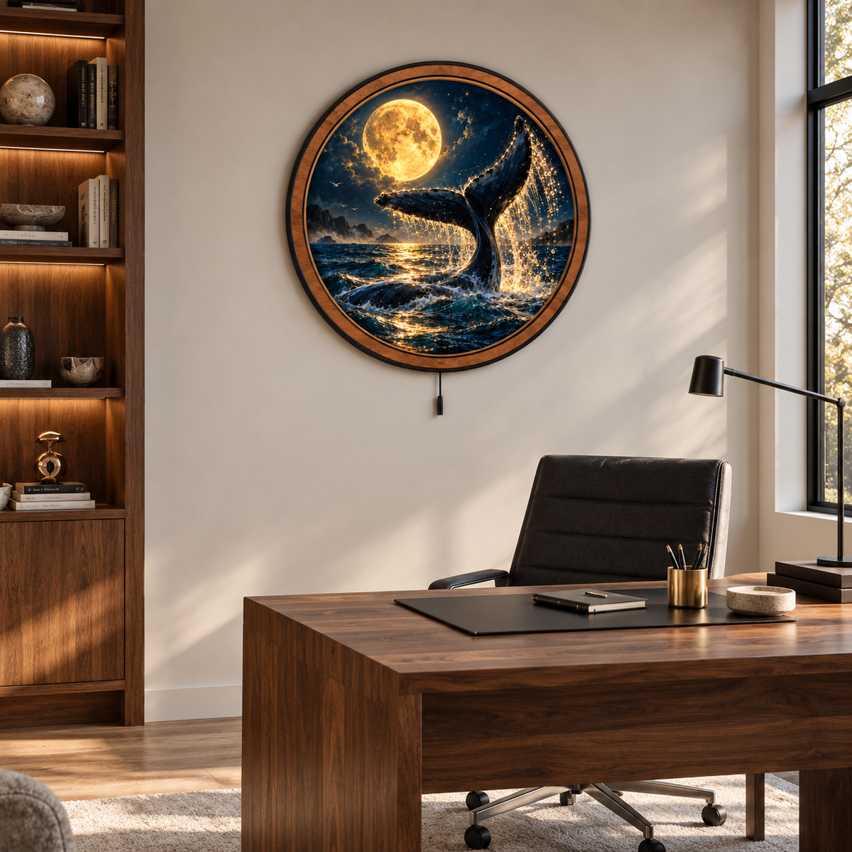 Golden Moon Whale – Midnight Tide LED Wall Art