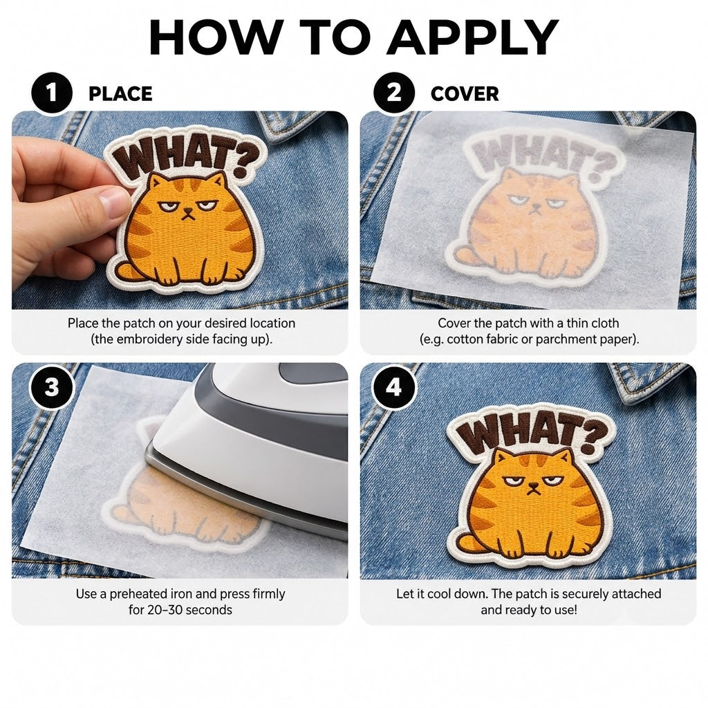 What? Grumpy Orange Cat Embroidered Iron-On Patch – Funny Cat Applique