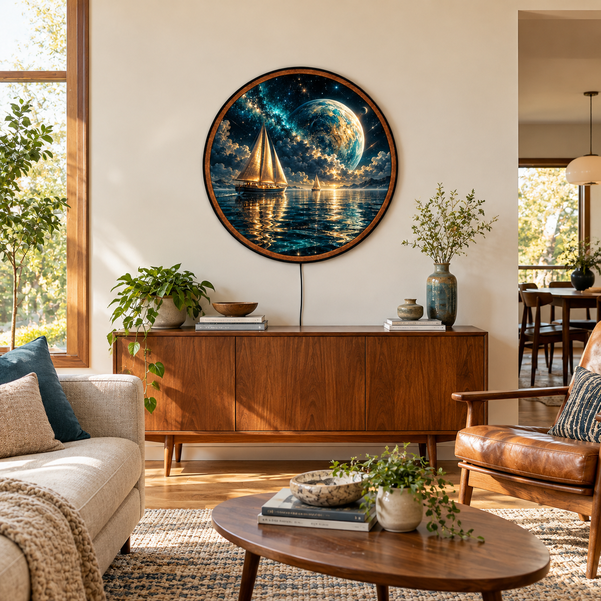 Handcrafted Celestial Sailboat LED Wall Art – Cosmic Ocean, Golden Sailing Ship & Fantasy Planet