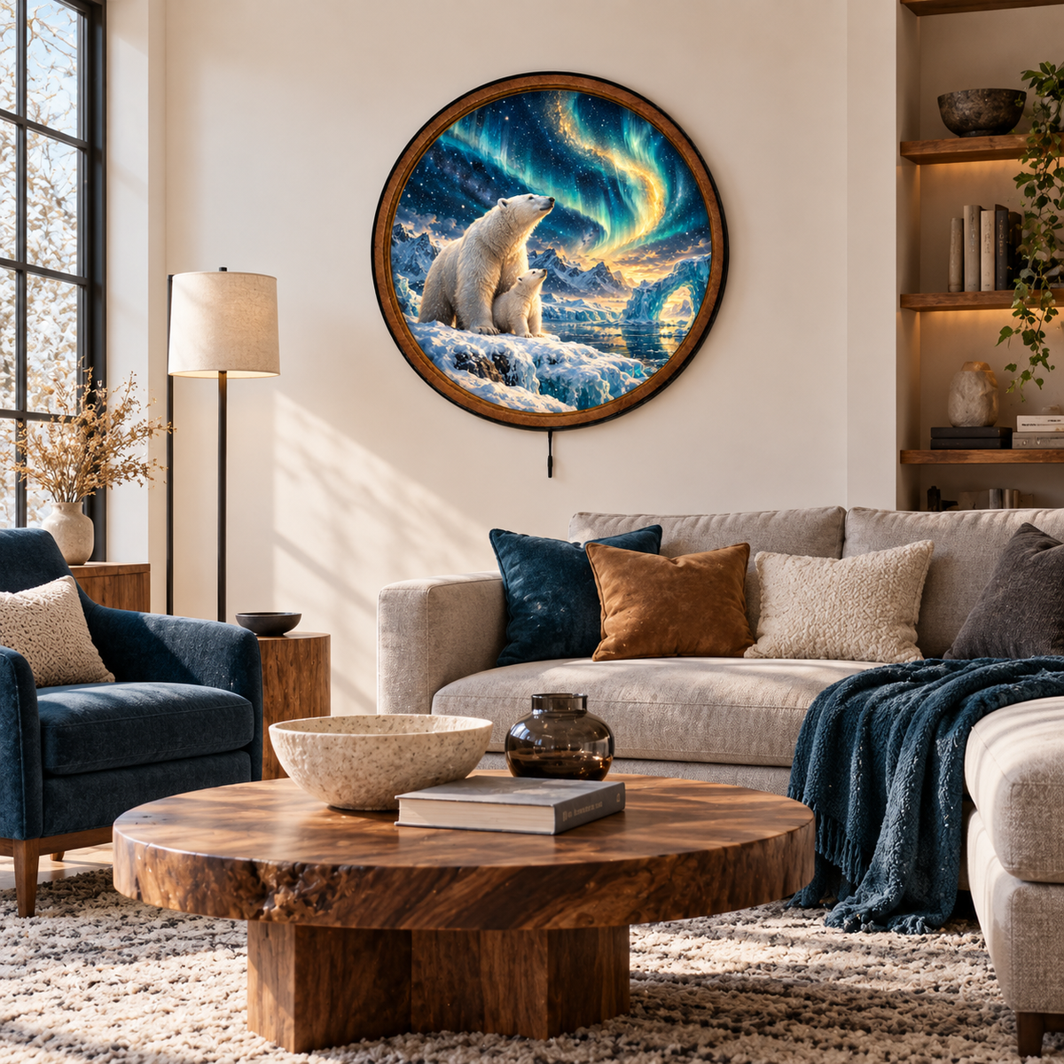 Polar Bear Aurora Arctic Night Circular LED Wall Art