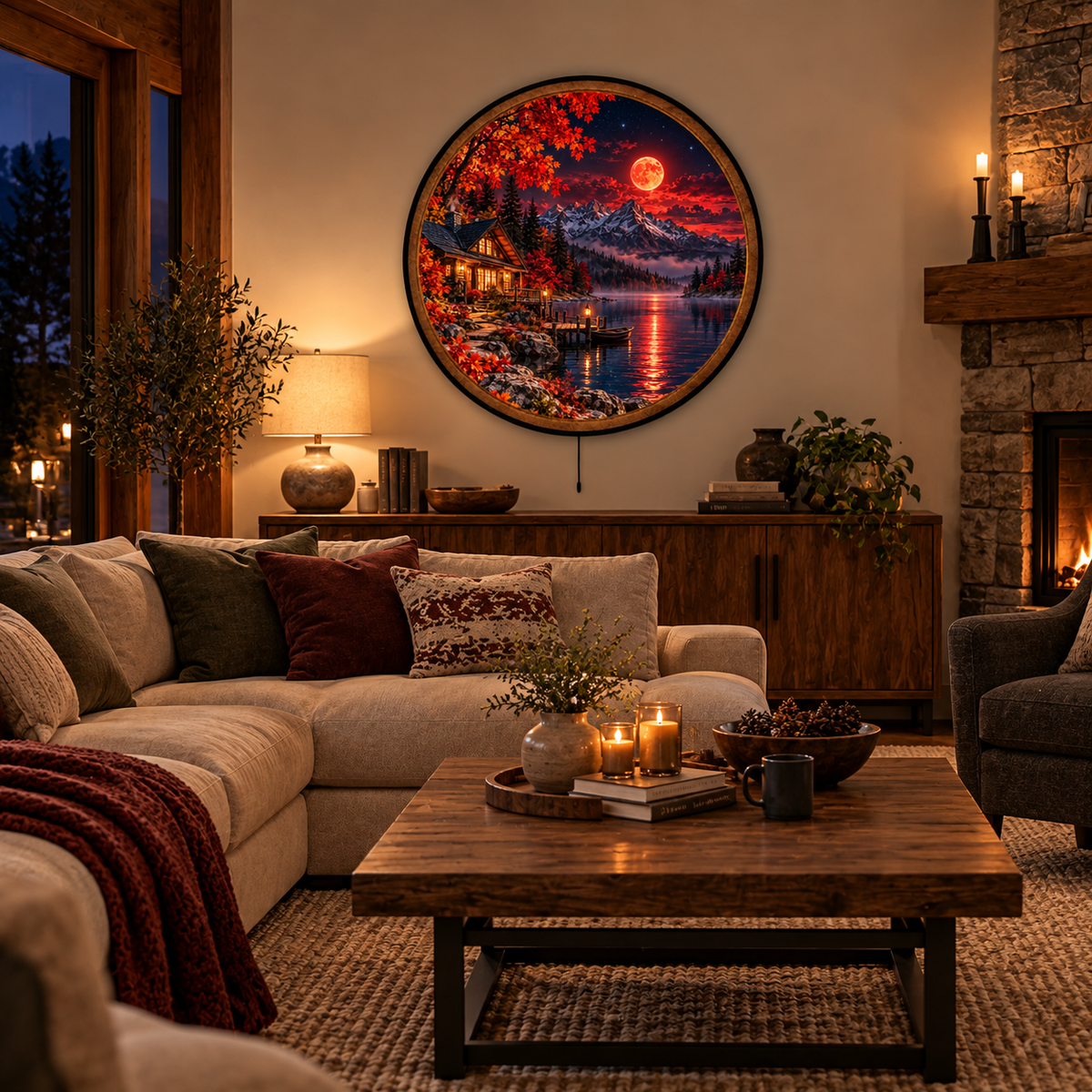 Crimson Moon – Handcrafted Autumn Cabin LED Wall Art | Red Moon Mountain Lake Decor