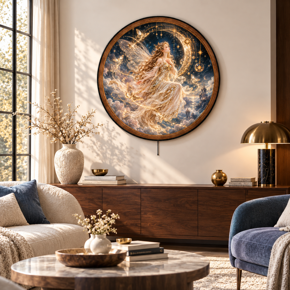 Celestial Moon Fairy Golden Butterfly LED Wall Art