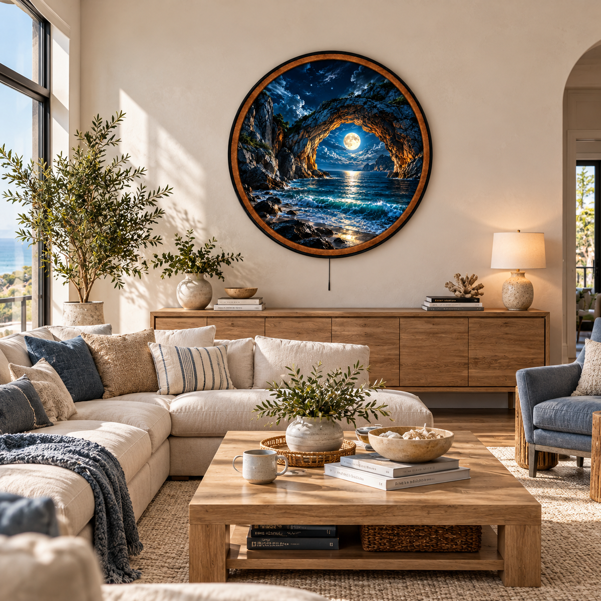 Moonlit Arch – Handcrafted LED Wall Art | Full Moon Ocean & Natural Stone Arch