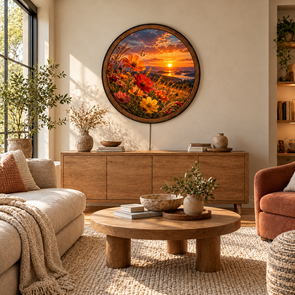 Handcrafted Sunset Wildflower LED Wall Art – Golden Hour Cosmos Flowers & Butterfly Nature