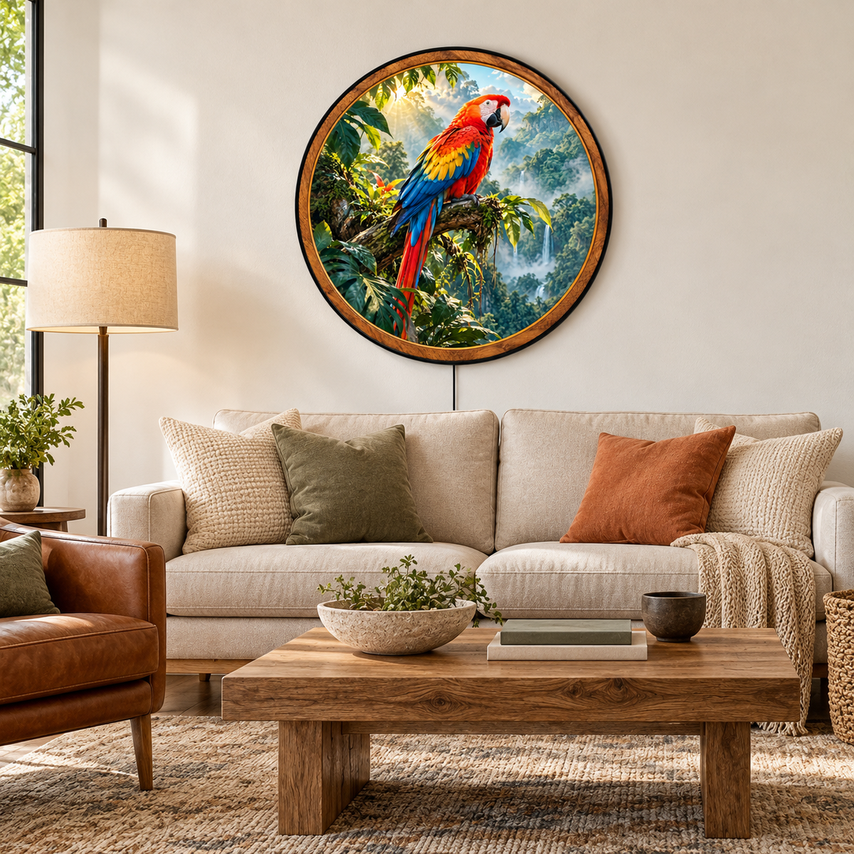 Handcrafted Scarlet Macaw LED Wall Art – Colorful Tropical Parrot & Rainforest