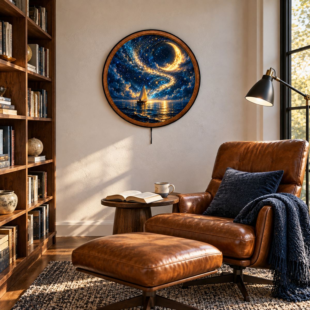 Celestial Sailboat – Handcrafted Round LED Wall Art