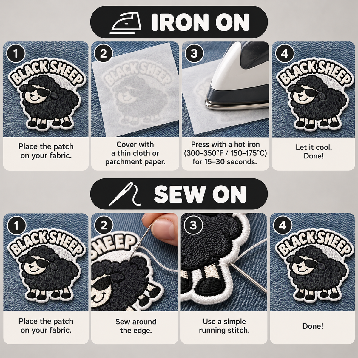 Black Sheep Embroidered Iron-On Patch – Cool Sheep with Sunglasses Applique