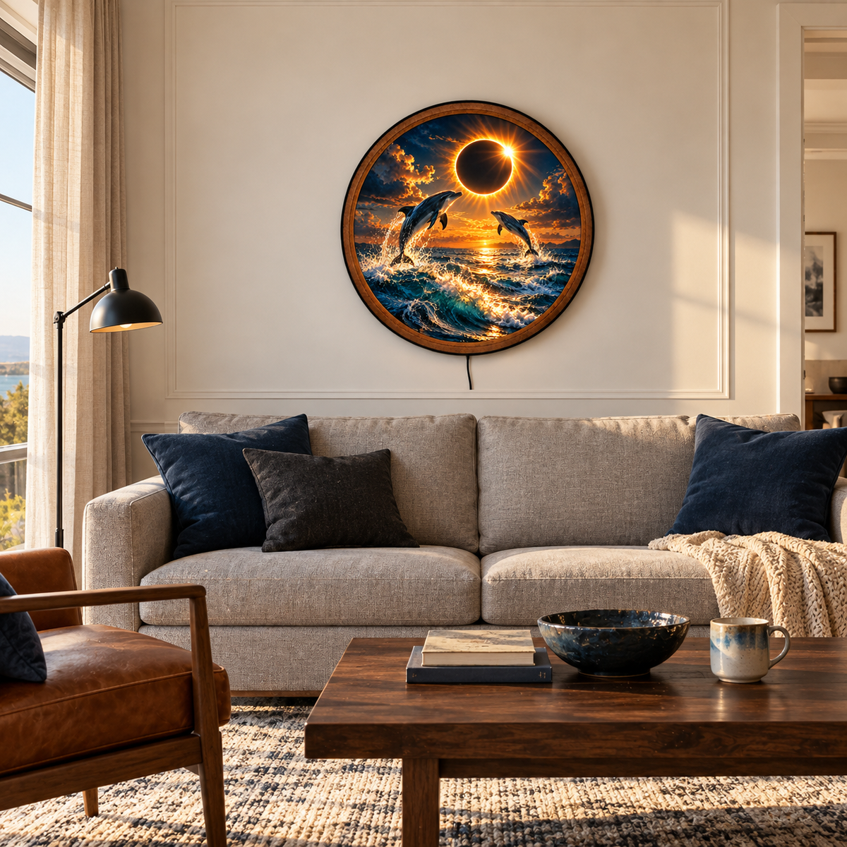 Solar Eclipse Dolphins – Handcrafted Round LED Wall Art