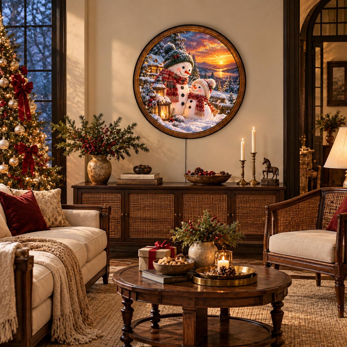 Handcrafted Christmas Snowman LED Wall Art – Cozy Winter Sunset & Snowman Family Holiday
