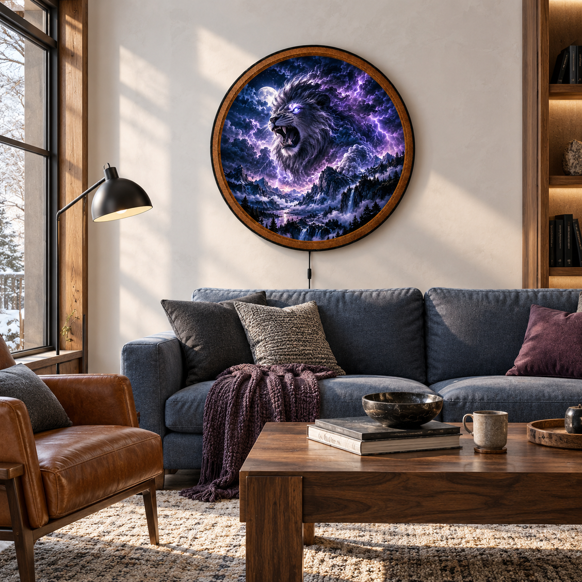 Storm Lion – Handcrafted Round LED Wall Art