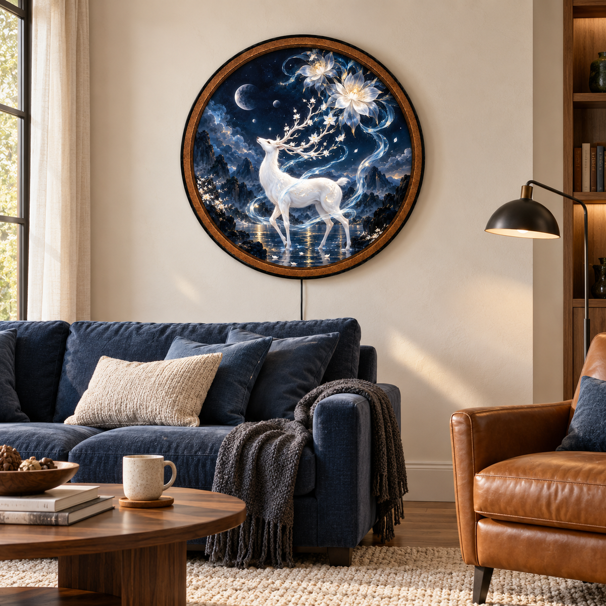 Lunar Blossom White Stag – Handcrafted LED Wall Art
