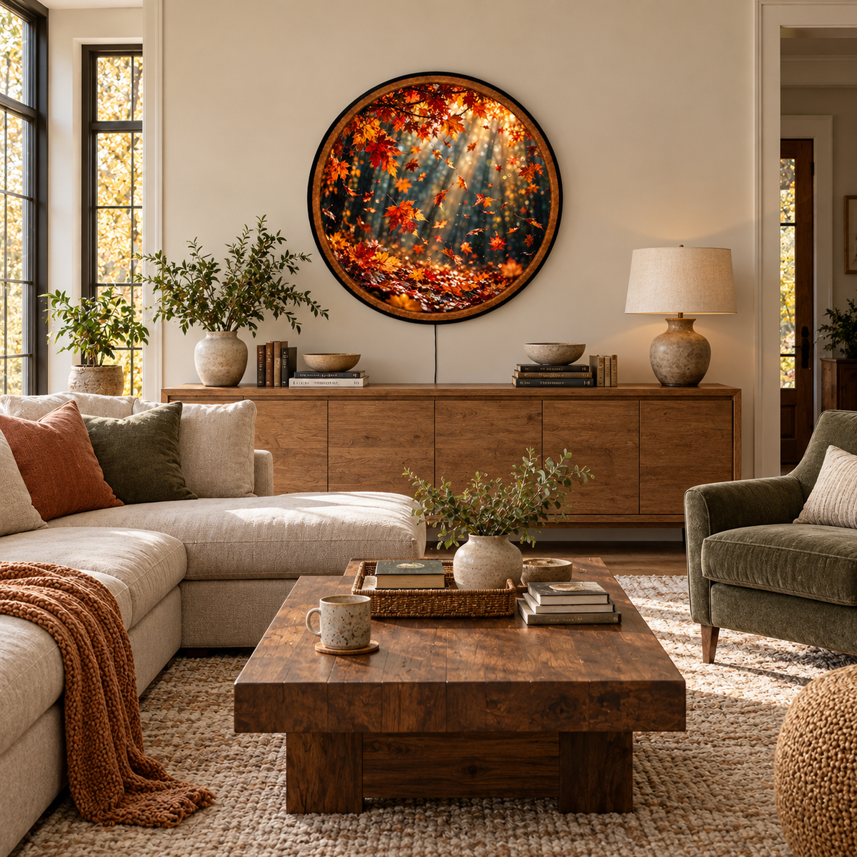 Autumn Whispers – Handcrafted LED Wall Art | Falling Maple Leaves & Golden Sunlight