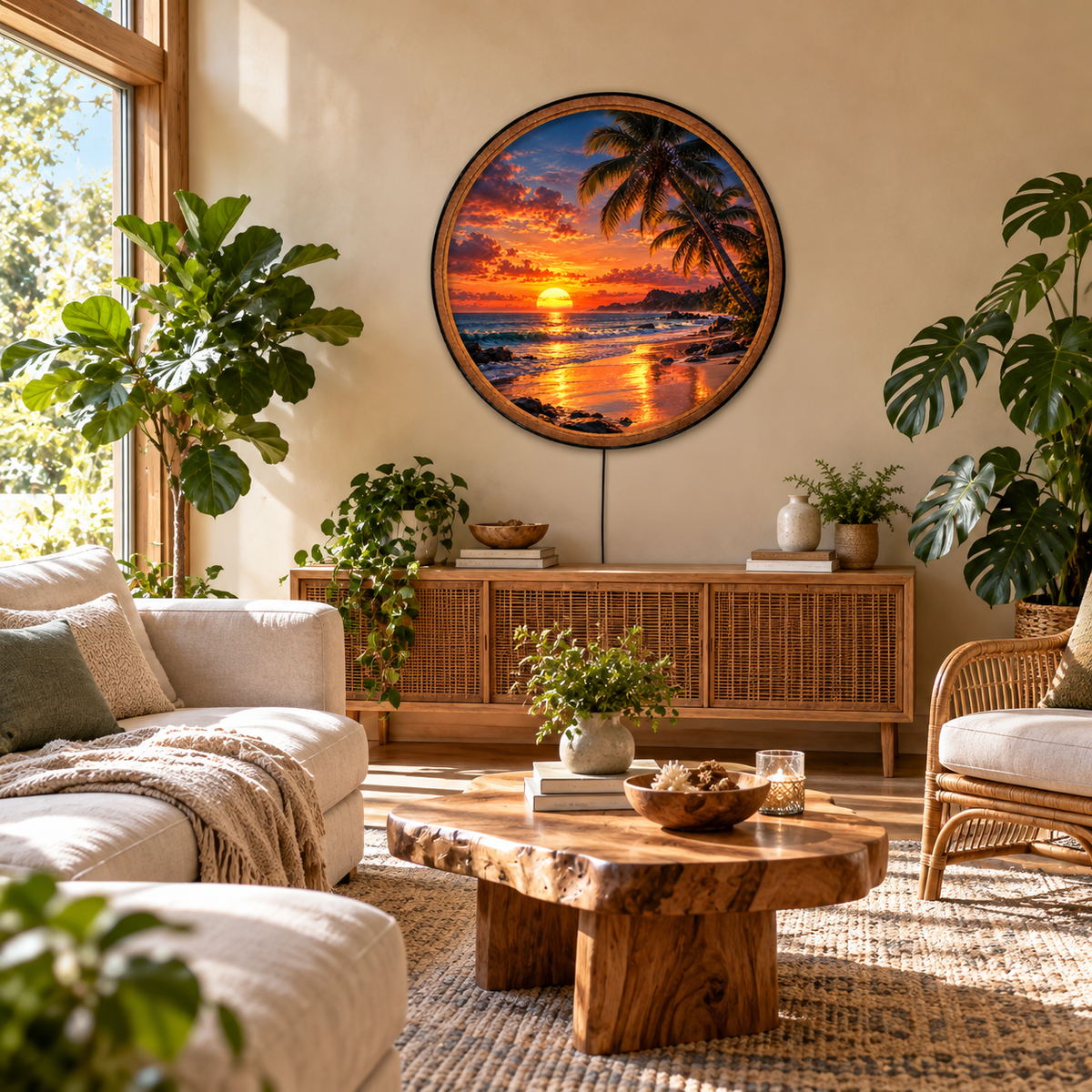 Handcrafted Tropical Sunset LED Wall Art – Palm Tree Beach & Ocean Sunset