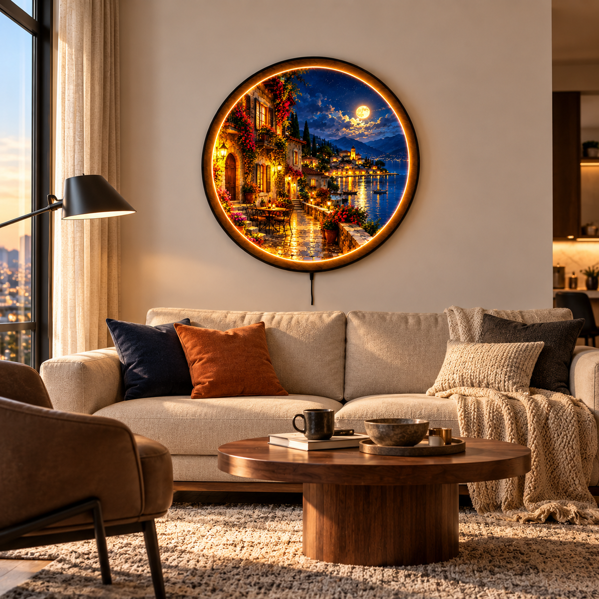 Moonlit Coastal Village – Mediterranean Round LED Wall Art