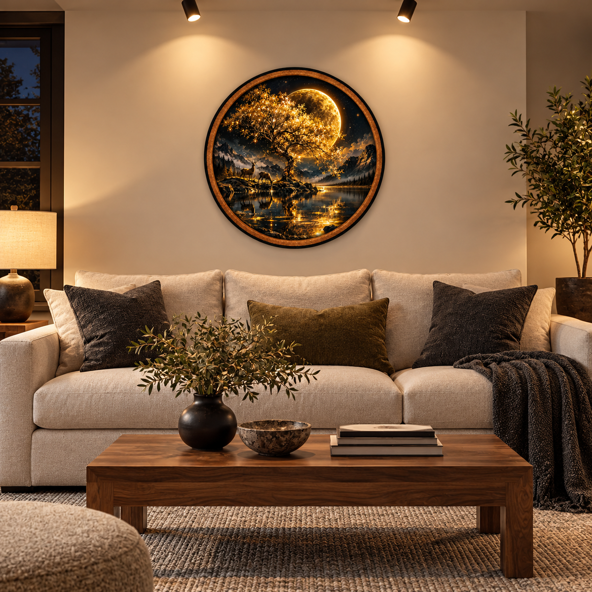 Golden Moonlight – Handcrafted LED Wall Art | Golden Tree, Full Moon & Deer