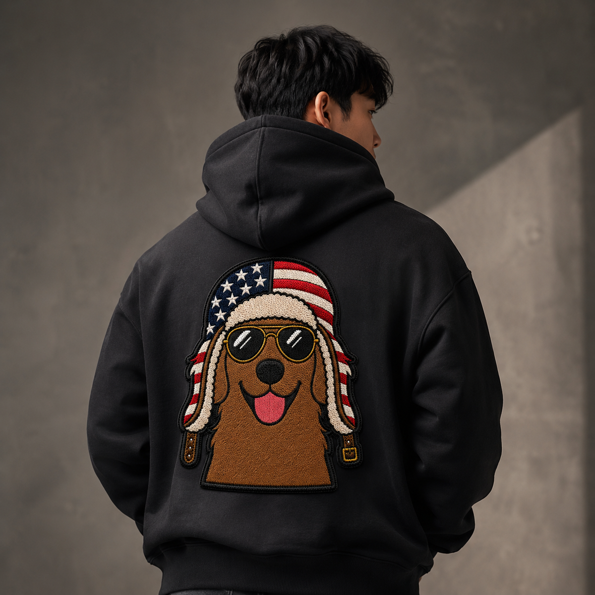 Patriotic Dog Embroidered Iron-On Patch – American Flag Aviator Dog Applique