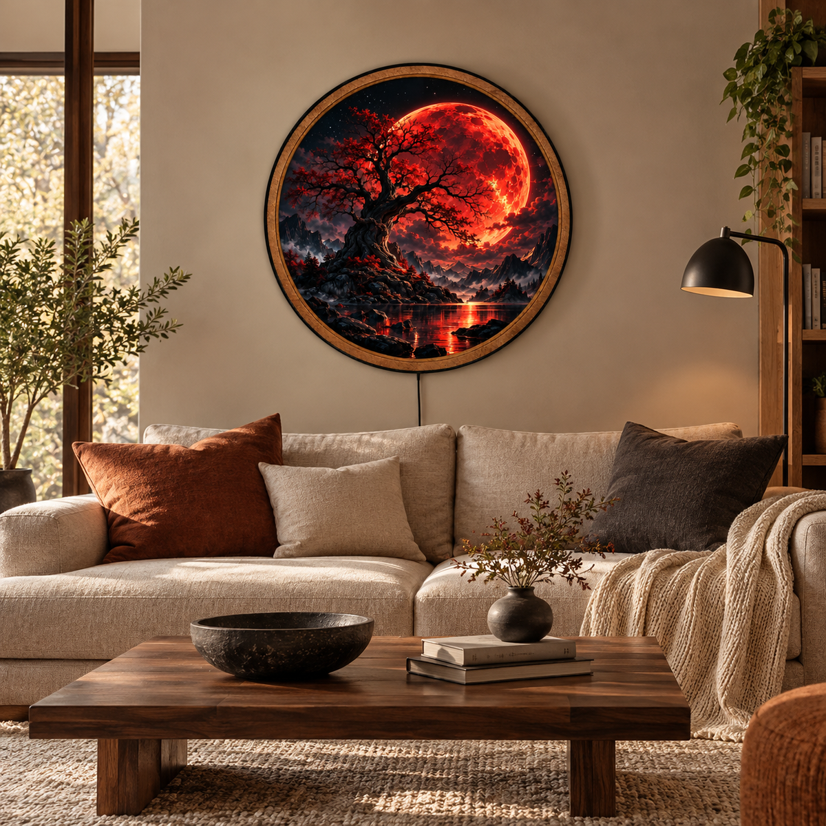 Handcrafted Blood Moon LED Wall Art – Crimson Tree & Red Moon Fantasy Landscape
