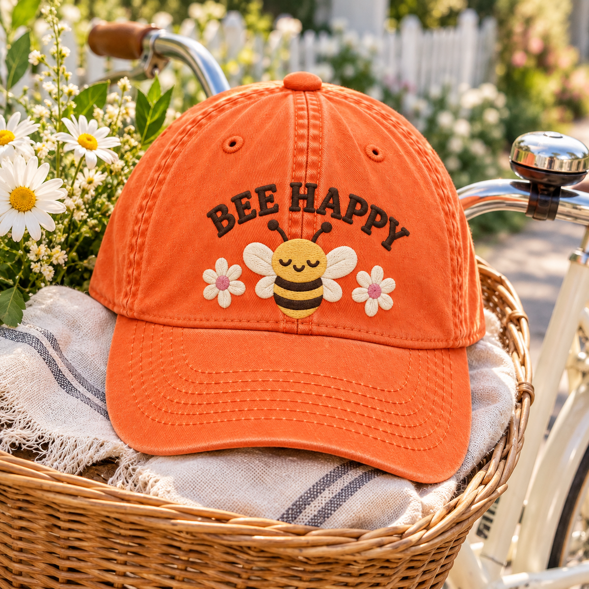 Bee Happy Embroidered Dad Hat – Cute Vintage Washed Cap