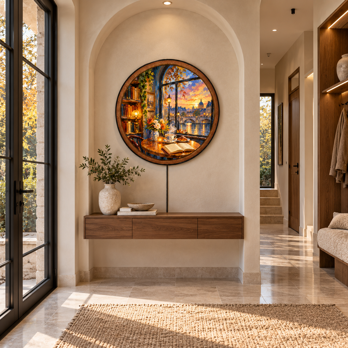 Cozy Riverside Reading Nook – Round LED Wall Art