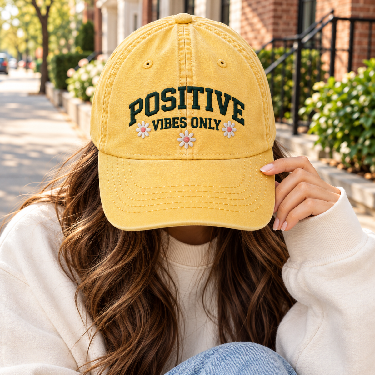 Positive Vibes Only Embroidered Dad Hat – Vintage Washed Cap
