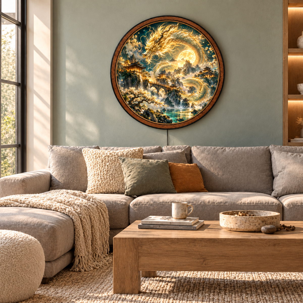 Golden Celestial Dragon – Fantasy Round LED Wall Art