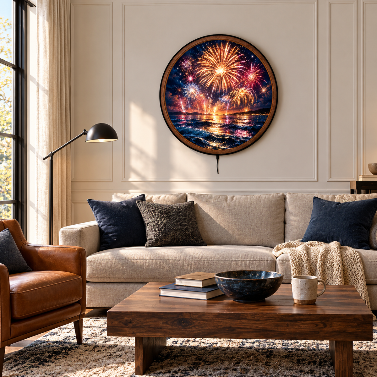 Ocean Fireworks Celebration – Handcrafted Round LED Wall Art