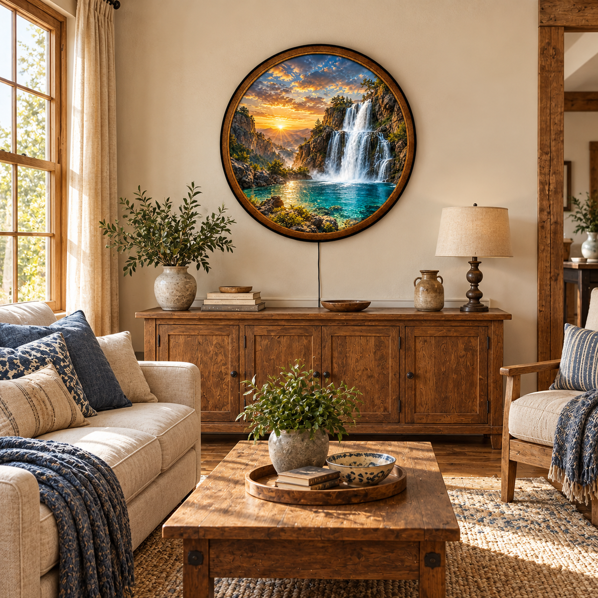 Handcrafted Waterfall LED Wall Art – Golden Sunset Mountain Landscape, Turquoise Lake & Nature