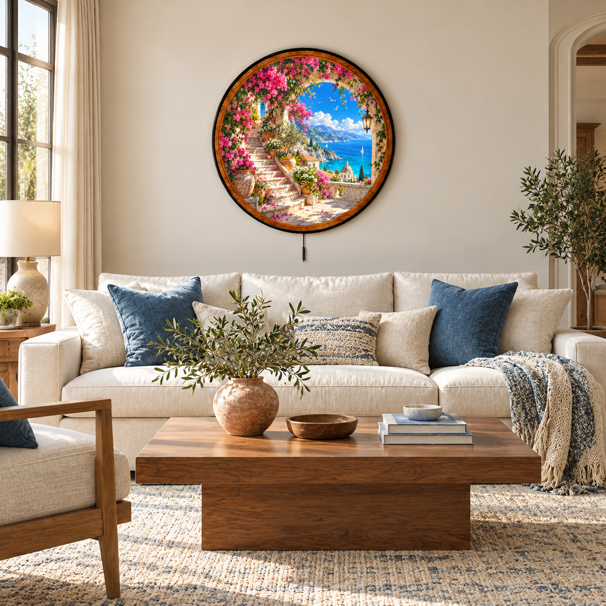 Amalfi Coast Bloom – Handcrafted Round LED Wall Art
