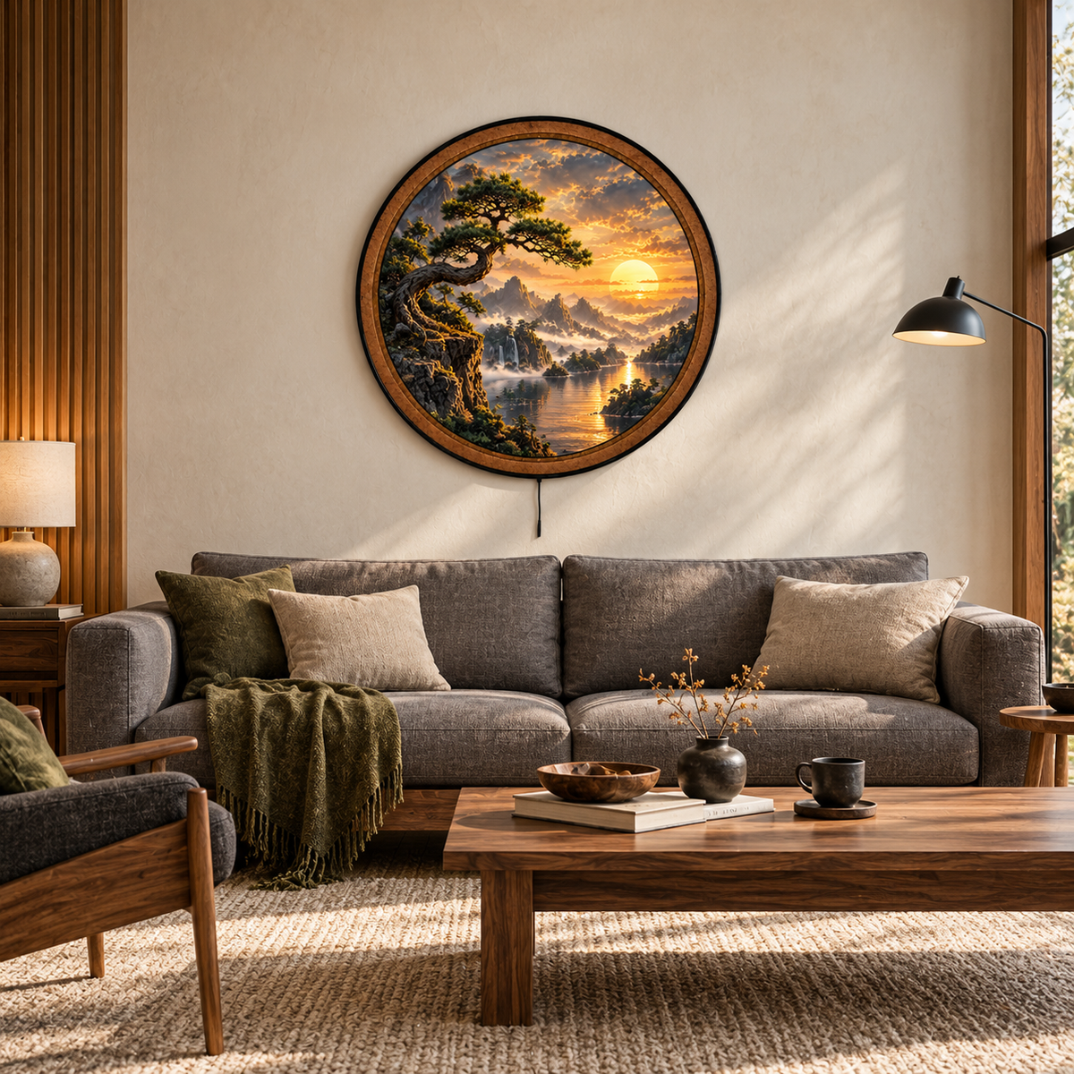Ancient Pine Sunset – Handcrafted Round LED Wall Art