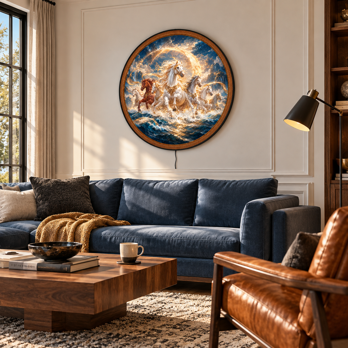 Golden Spirit Horses – Handcrafted Round LED Wall Art