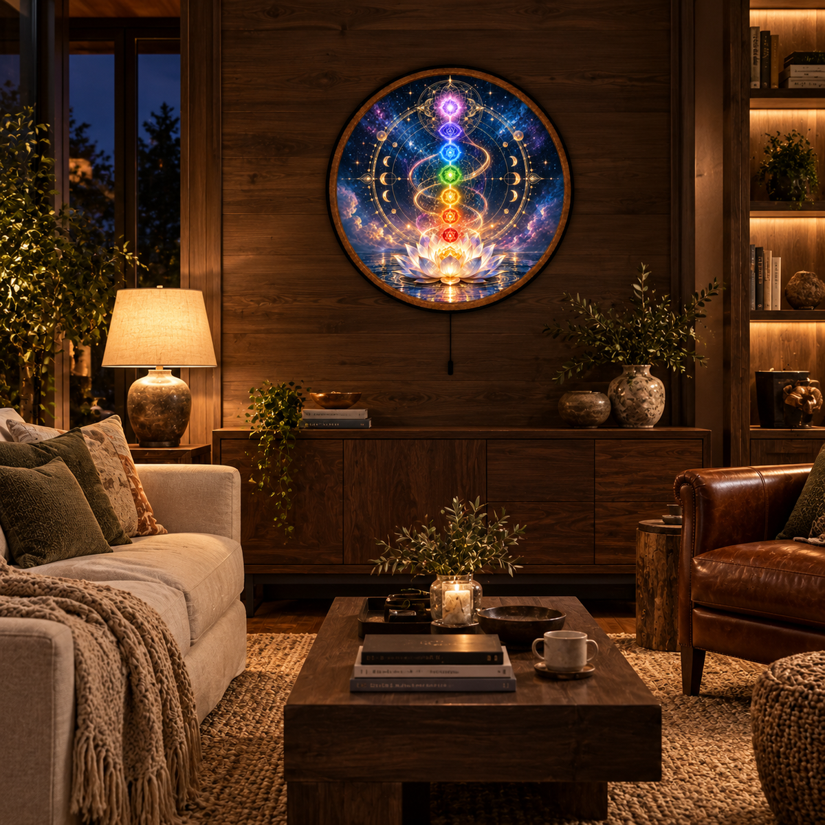 Celestial Chakra Lotus – Handcrafted Round LED Wall Art
